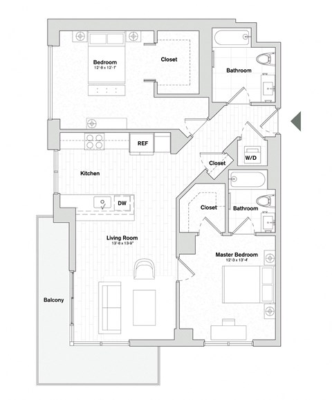 Floor plan for 2 beds, 2 baths, 1201 sqft